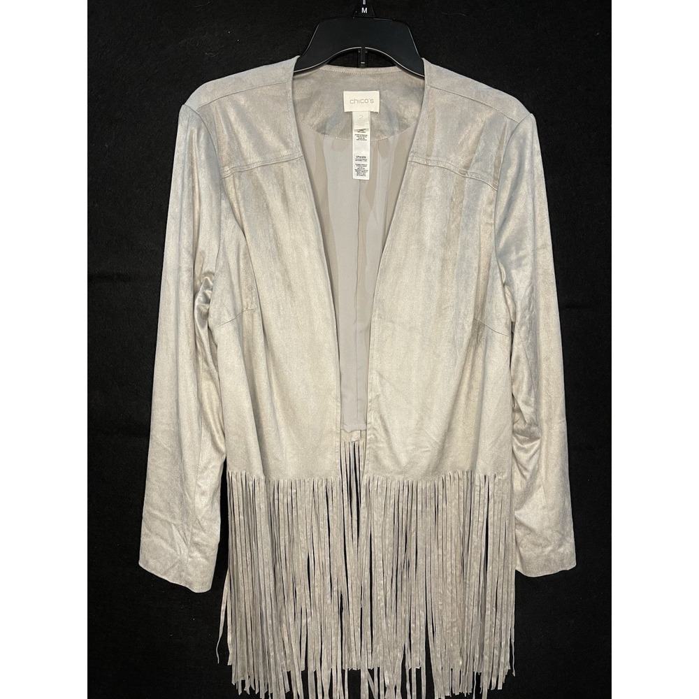 Chicos 2 Faux Suede Fringed Jacket Gray Boho Hippie  Quiet Luxury Western Festiv - Picture 6 of 9